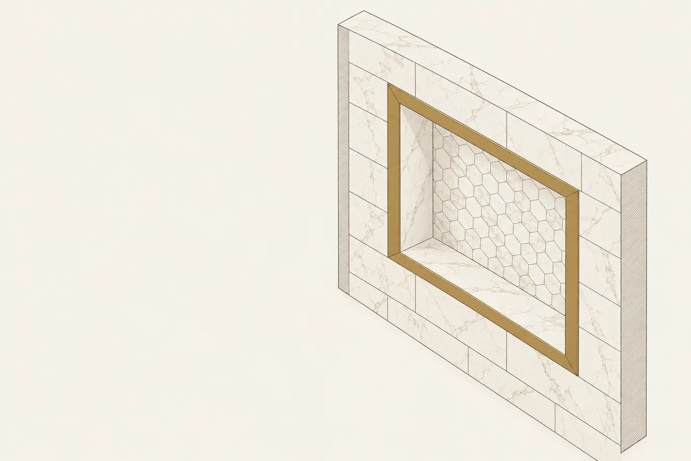 Drawing of a recessed shower niche with a hexagon mosaic back, framed all round by a mitred marble trim, the wall tile courses lining up with its top and bottom.
