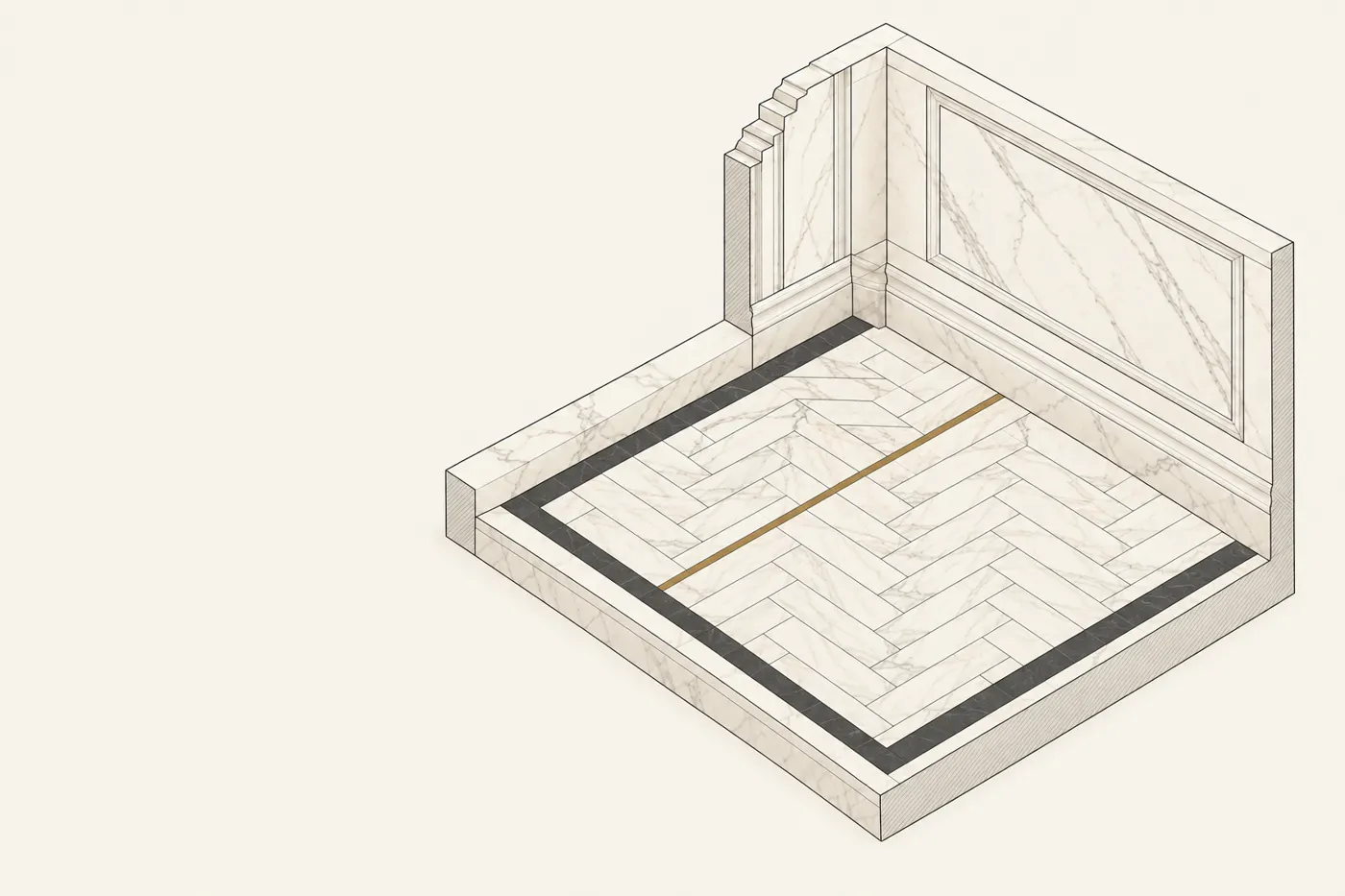 Drawing of a marble floor laid out from a brass centre line inside a straight black stone border.