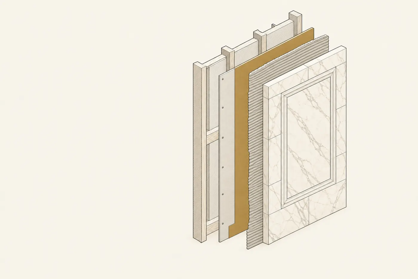 Cutaway drawing of a shower wall built up in layers: studs, cement board, a brass-coloured waterproof membrane, combed mortar, then marble-look tile with a framed panel.